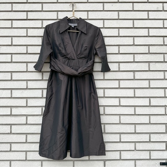 Donna Ricco Cocoa Brown 100% Silk Taffeta Surplice Midi Dress Romantic Cocktail - Picture 2 of 13